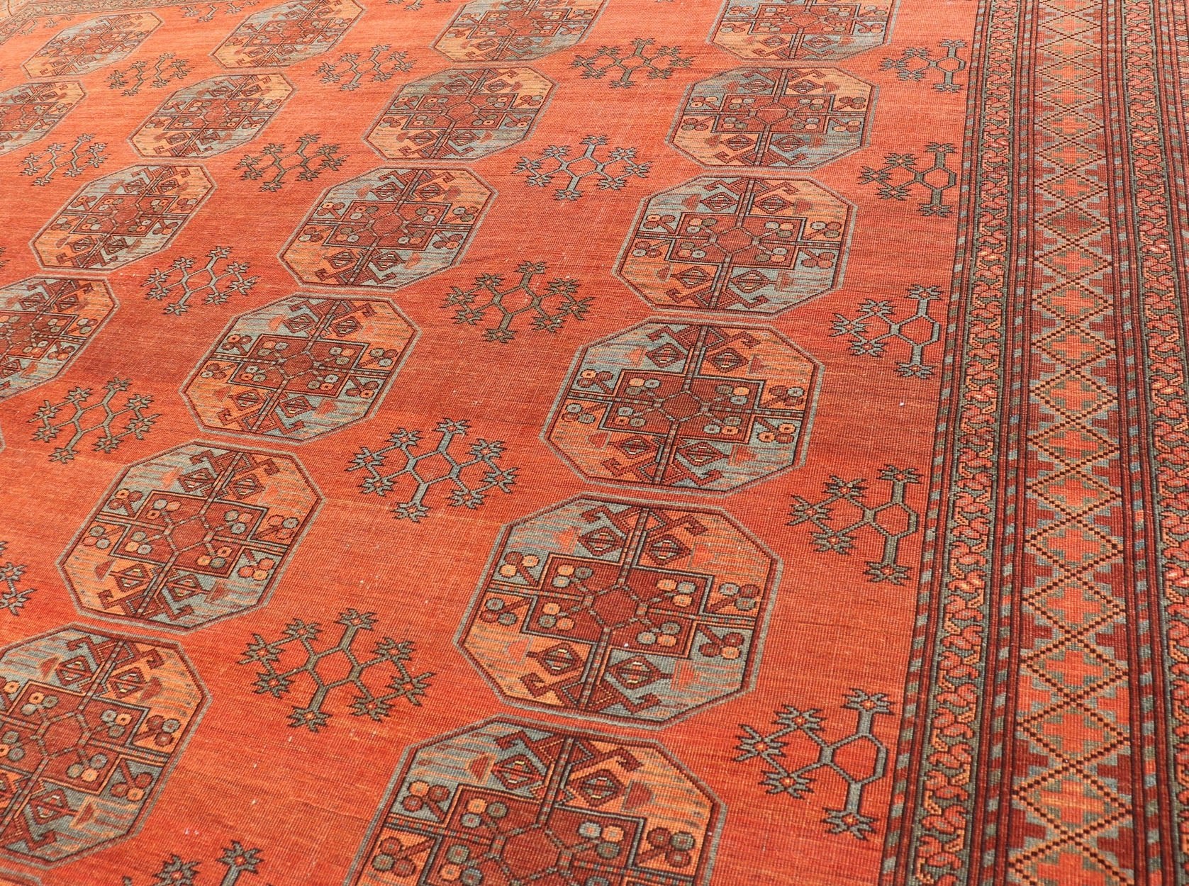 Large Turkomen Rug with All - Over Gul Bokhara Design. Hand - Knotted 1930's Turkomen Rug with Repeating Gul Design. Keivan Woven Arts; rug EMB - 9503 - P13580, country of origin / type: Turkestan / Ersari/Turkoman, circa 1930s. Measures: 11'1 x 13' 10 ... - Keivan Woven ArtsEMB - 9503 - P13580 - 14596Rug