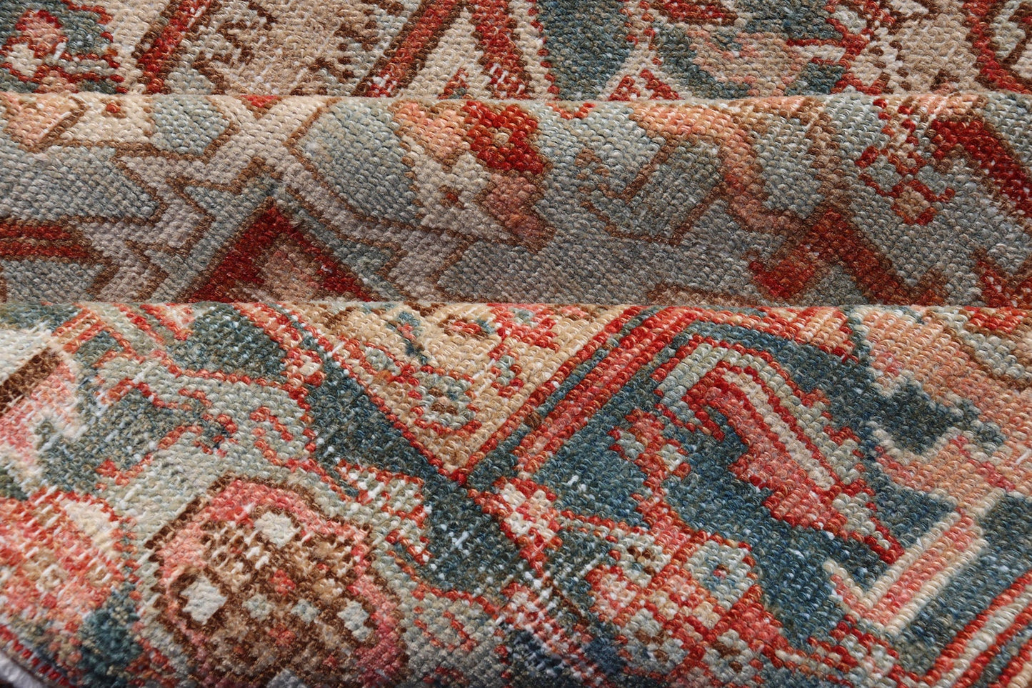 Antique Heriz Rug with All - Over Medallion Design in Red, Blue, Pink, Tan & Brown Antique Heriz Rug, rug EMB - 9533 - P13059, country of origin / type: Persian / Heriz, circa Early - 20th Century. Measures: 6'11 x 9'7. - Keivan Woven ArtsEMB - 9533 - P13059 - 14716Rug