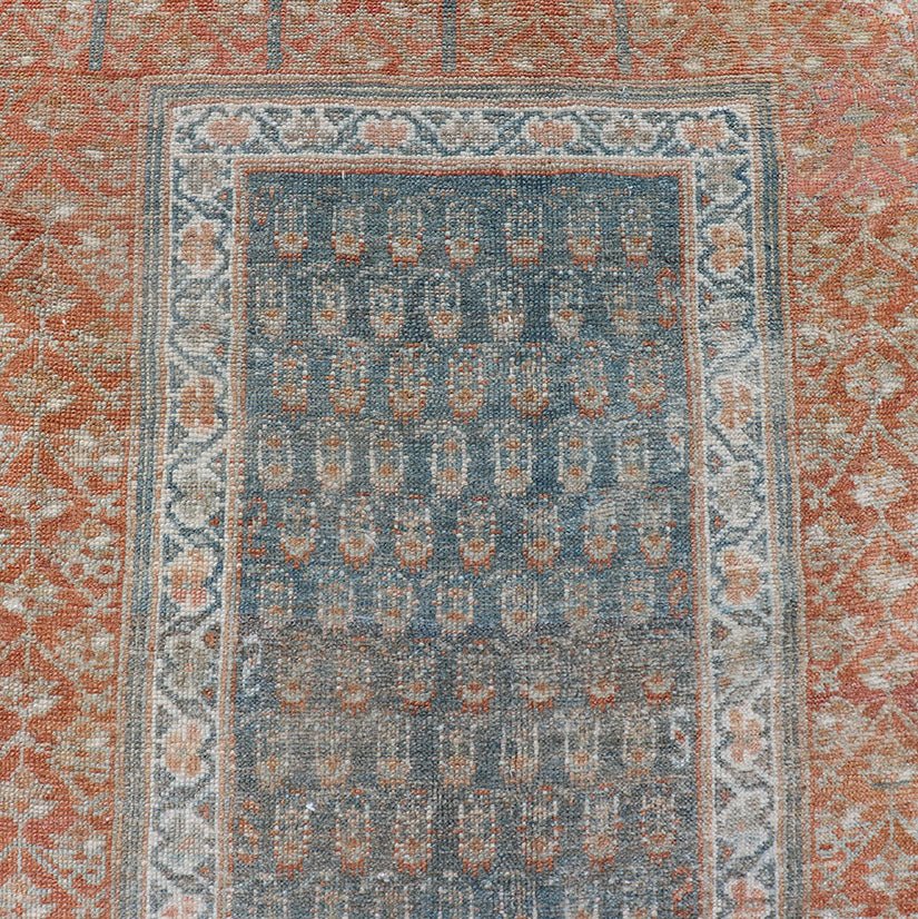 Paisley Field Antique Persian Kurdish Runner in Soft Teal Colors & Orange Variation of teal colors , creams, and soft oranges antique Persian Kurdish runner /rug EMB - 9534 - 02 - P13033, country of origin / type: Iran / Kurdish, circa 1910. ... - Keivan Woven ArtsEMB - 9534 - 02 - P13033 - 14722Rug