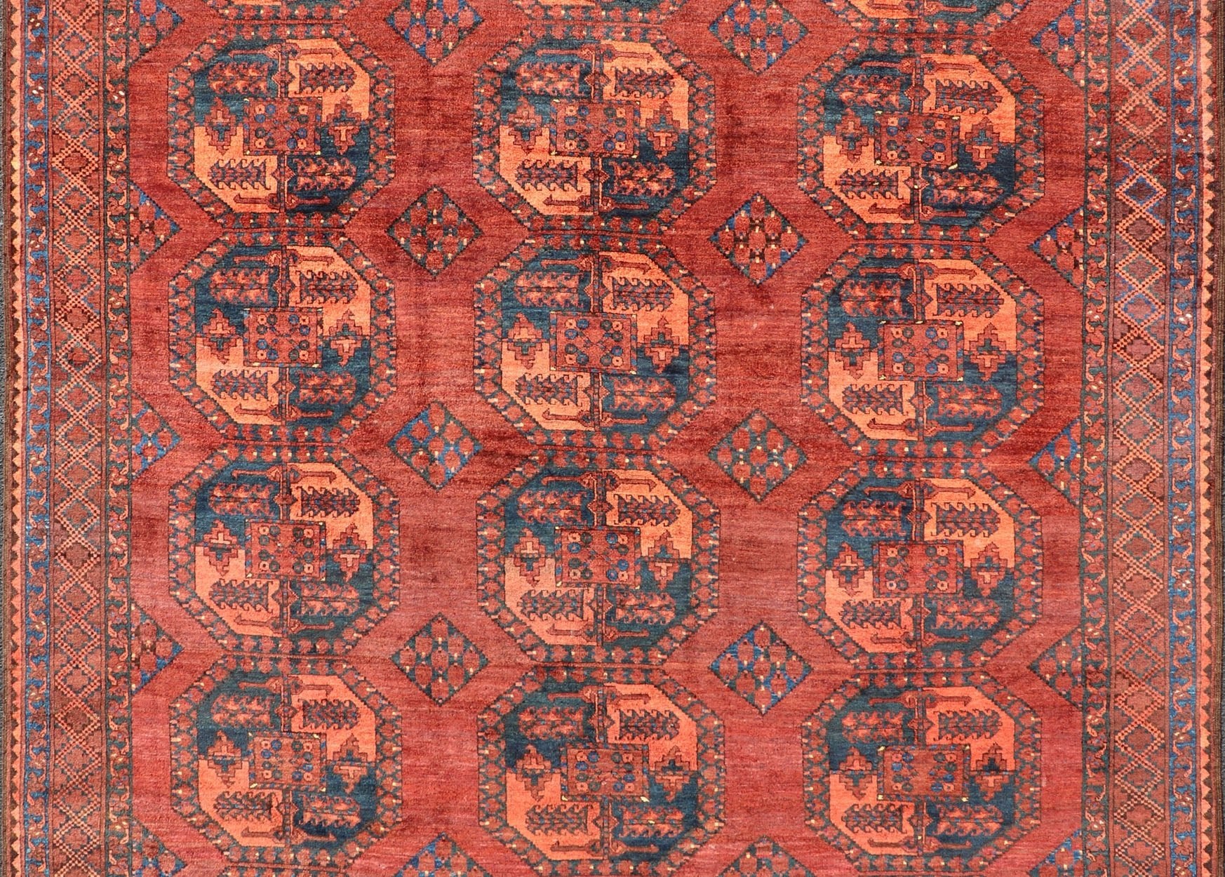 Hand - Knotted Turkomen Ersari Rug in Wool with Repeating Sub - Geometric Gul Design This Turkomen Ersari rug has been hand - knotted in the finest wool. The rug features a repeating Gul design throughout the entirety of the rug, enclosed within a co... - Keivan Woven ArtsEMB - 9544 - P13057 - 14788Rug