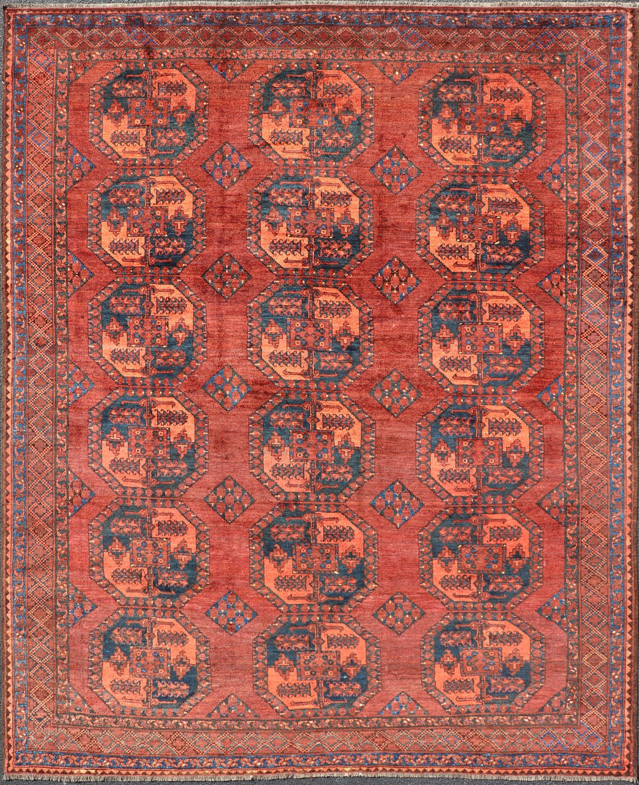 Hand - Knotted Turkomen Ersari Rug in Wool with Repeating Sub - Geometric Gul Design This Turkomen Ersari rug has been hand - knotted in the finest wool. The rug features a repeating Gul design throughout the entirety of the rug, enclosed within a co... - Keivan Woven ArtsEMB - 9544 - P13057 - 14788