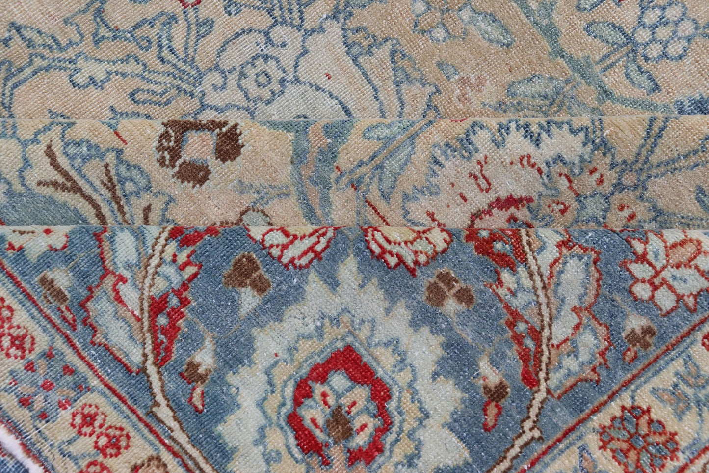 Antique Persian Khorassan Rug with Floral Design in Honey Cream & Dusty Blue. Finely woven Antique Persian Khorassan Rug with floral motifs and Vining Flowers Keivan Woven Arts rug/EMB - 9555 - P13061, origin/Iran, Circa/ 1920 Measures: 9 x ... - Keivan Woven ArtsEMB - 9555 - P13061 - 14862Rug