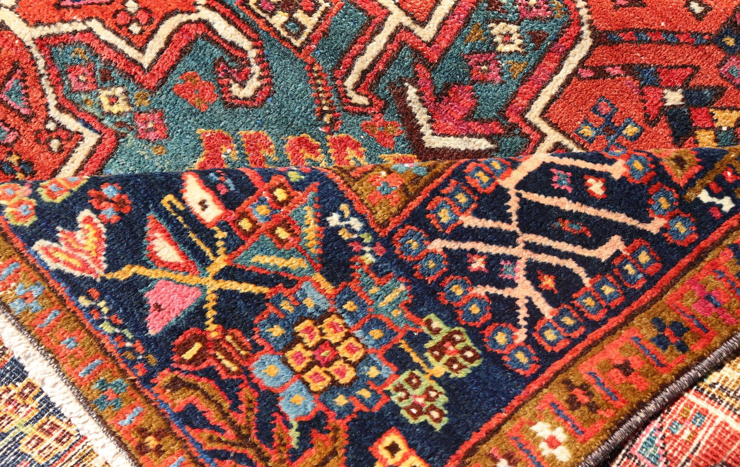 Very Long antique Persian Heriz runner with geometric medallion design in red, blue and colorful tones. Keivan Woven Arts / rug EMB - 9560 - P13076 , country of origin / type: Iran / Heriz, circa 1900 Measures:3'4 x 14'4 Antique Hand Knotted ... - Keivan Woven ArtsEMB - 9560 - P13076 - 14568Rug
