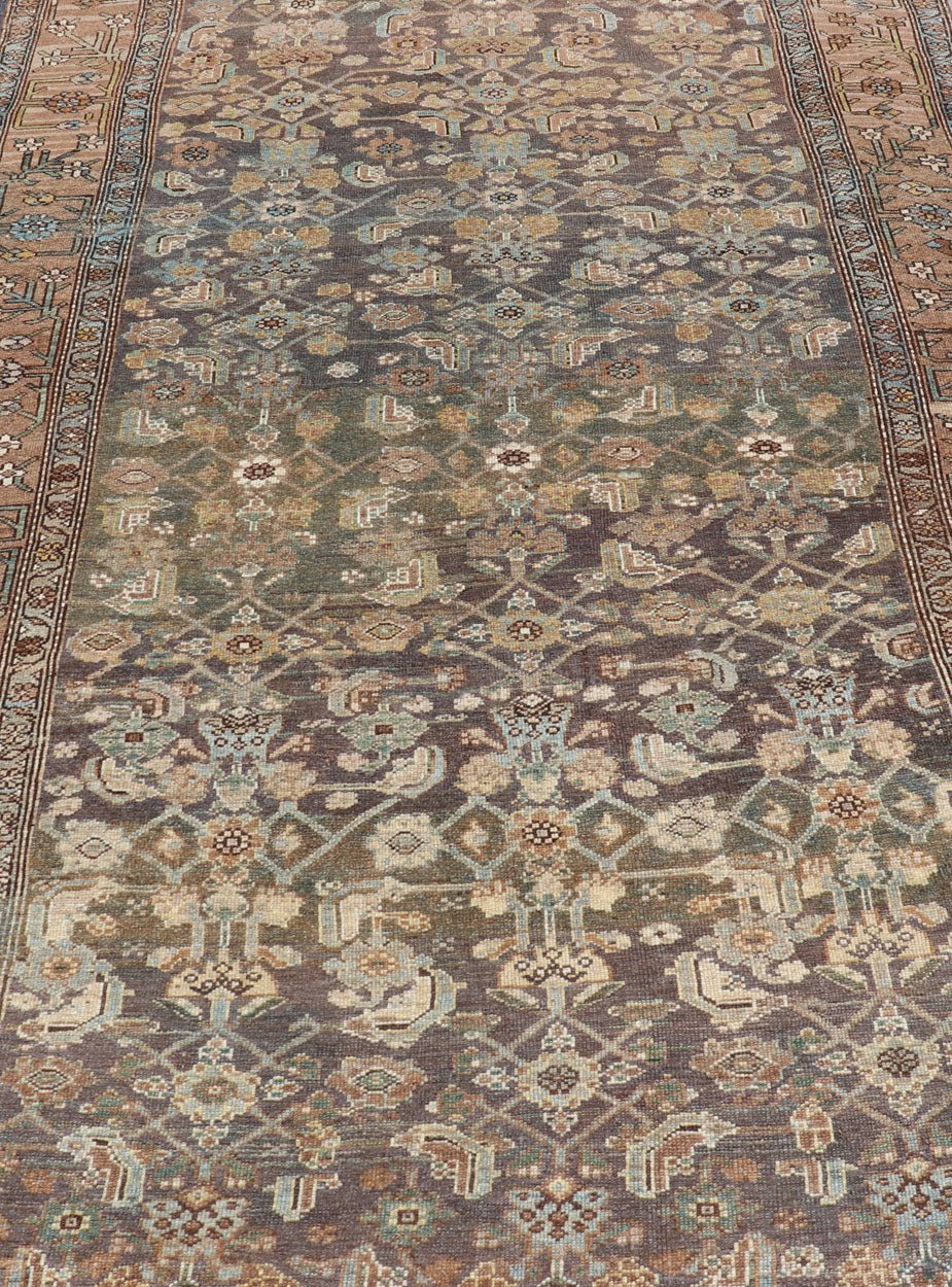 Late 19th Century Kurdish Antique All Over Design Gallery Runner in Muted Tones This magnificent 120 - year - old Kurdish antique has held timeless charm with a double - lined floral border that accentuates sandy shades of browns and light blues. The... - Keivan Woven ArtsEMB - 9566 - P13890 - 14928Rug
