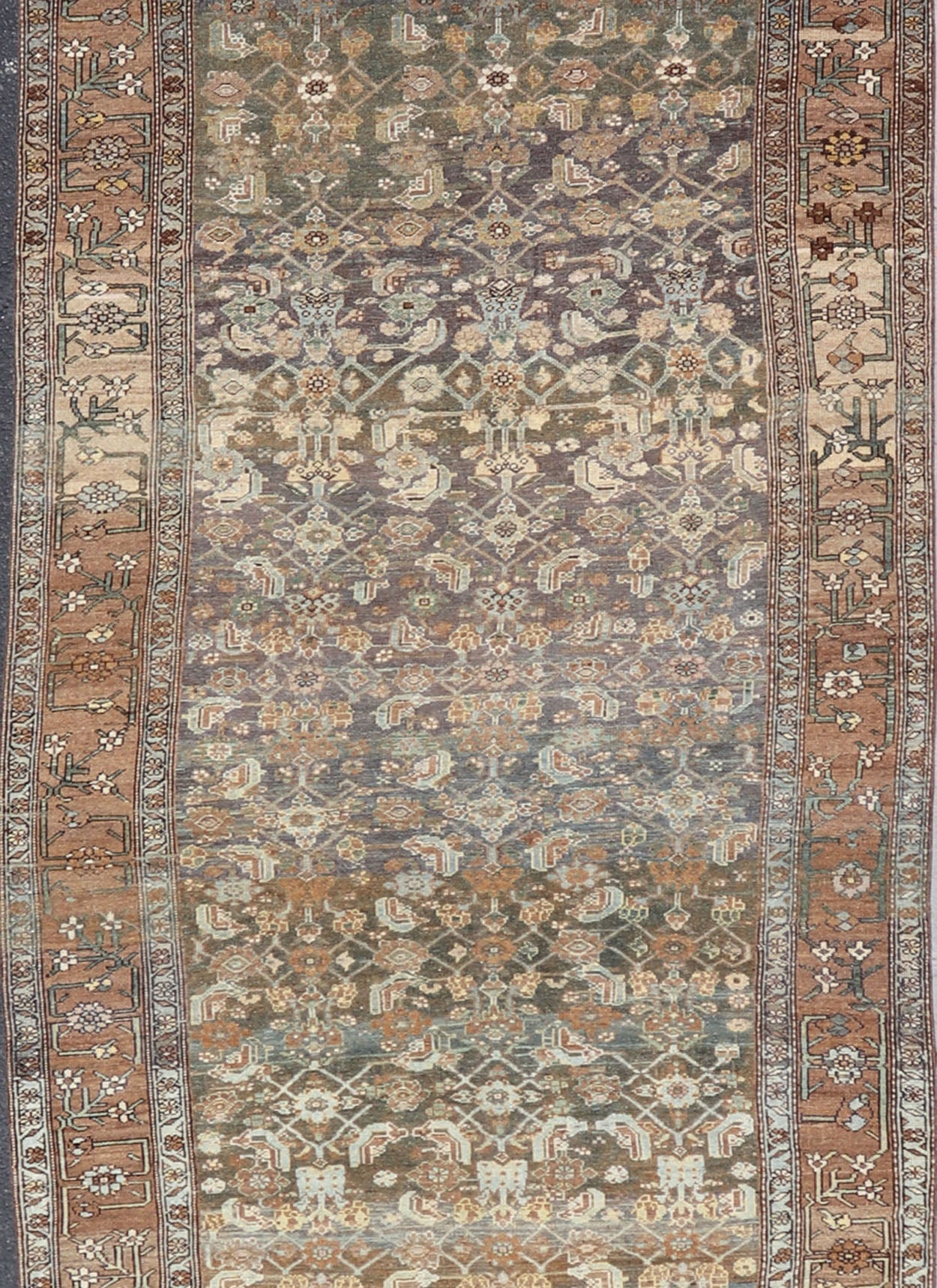 Late 19th Century Kurdish Antique All Over Design Gallery Runner in Muted Tones This magnificent 120 - year - old Kurdish antique has held timeless charm with a double - lined floral border that accentuates sandy shades of browns and light blues. The... - Keivan Woven ArtsEMB - 9566 - P13890 - 14928Rug