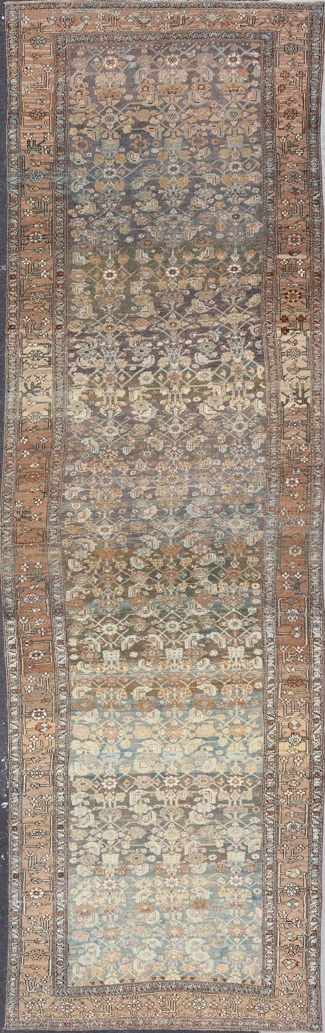Late 19th Century Kurdish Antique All Over Design Gallery Runner in Muted Tones This magnificent 120 - year - old Kurdish antique has held timeless charm with a double - lined floral border that accentuates sandy shades of browns and light blues. The... - Keivan Woven ArtsEMB - 9566 - P13890 - 14928