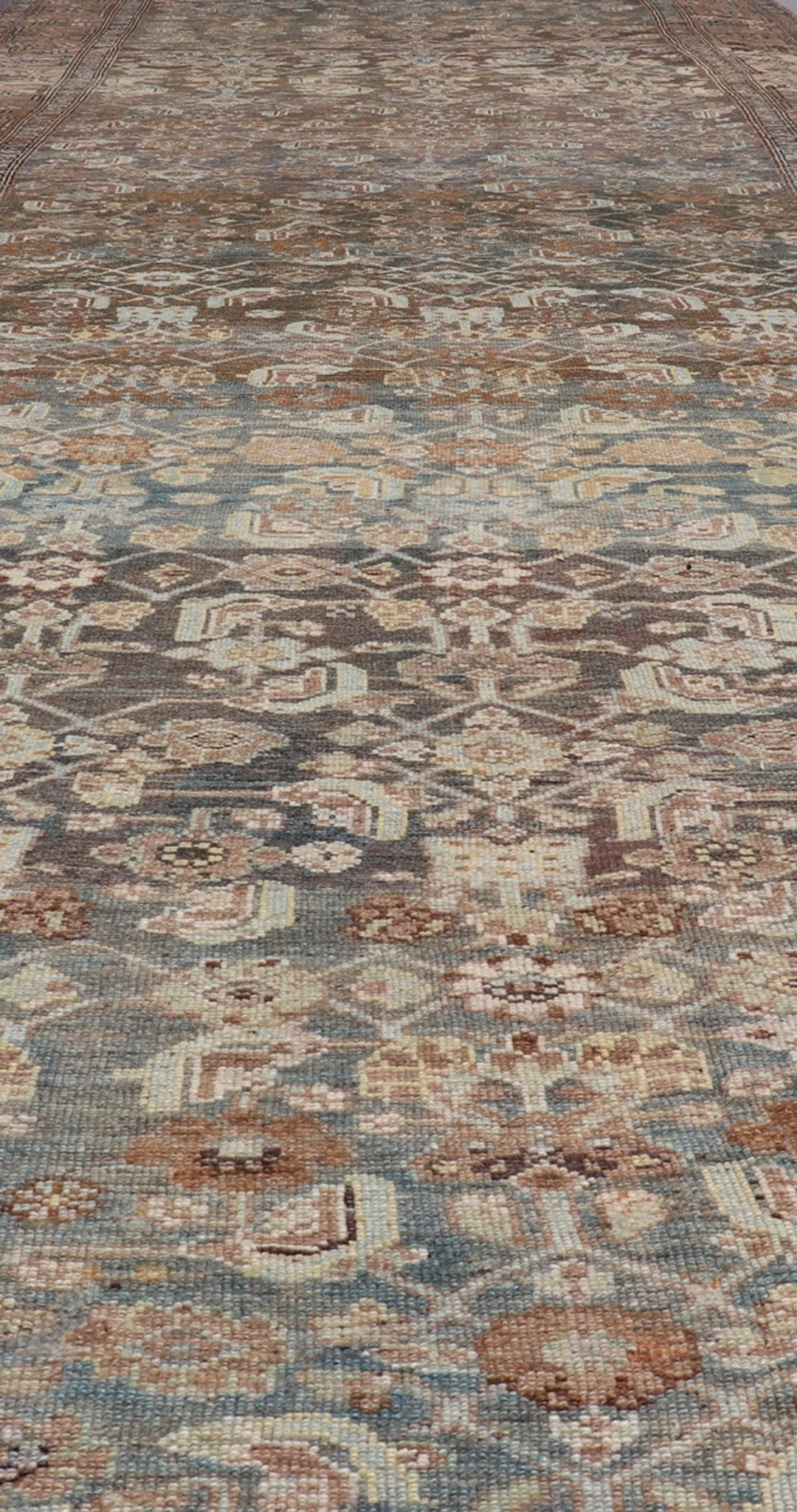 Late 19th Century Kurdish Antique All Over Design Gallery Runner in Muted Tones This magnificent 120 - year - old Kurdish antique has held timeless charm with a double - lined floral border that accentuates sandy shades of browns and light blues. The... - Keivan Woven ArtsEMB - 9566 - P13890 - 14928Rug