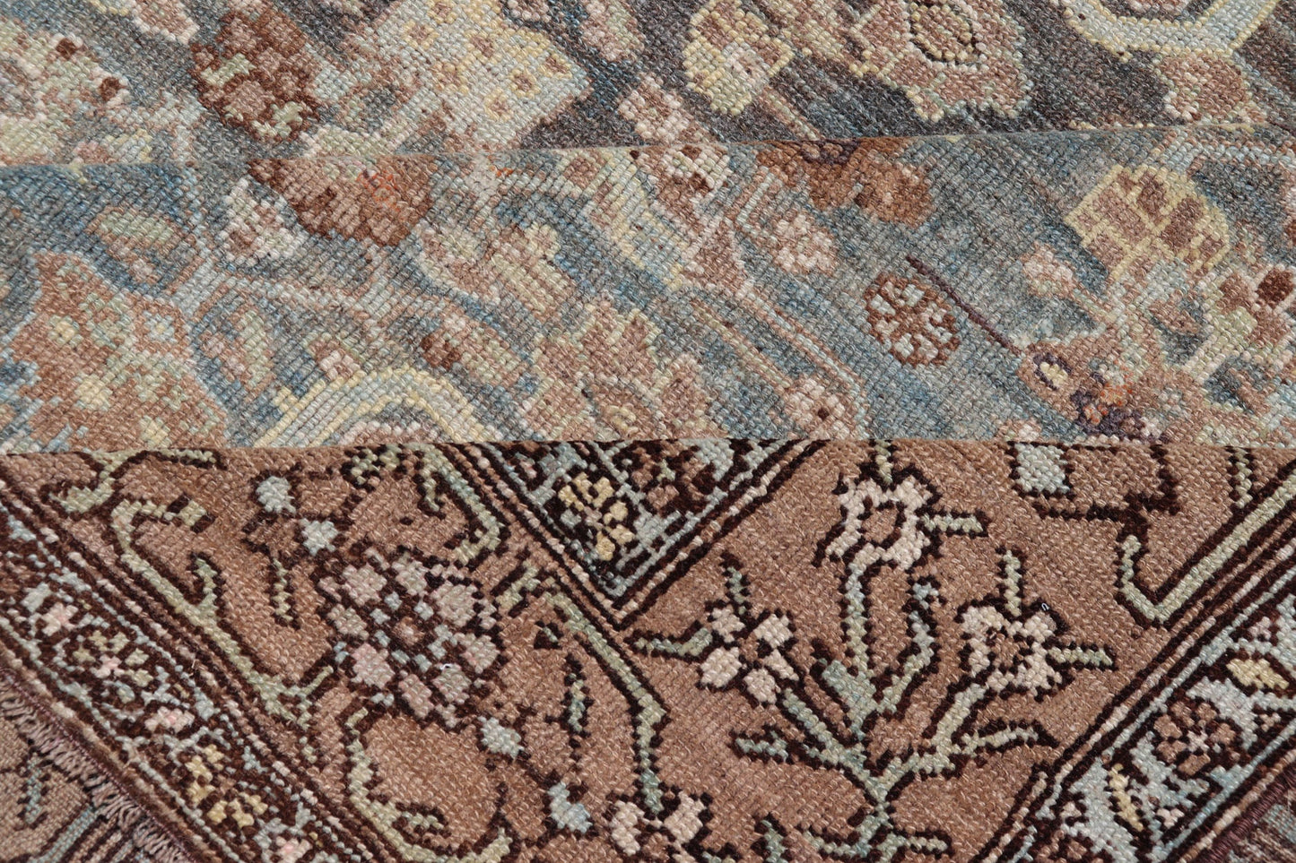 Late 19th Century Kurdish Antique All Over Design Gallery Runner in Muted Tones This magnificent 120 - year - old Kurdish antique has held timeless charm with a double - lined floral border that accentuates sandy shades of browns and light blues. The... - Keivan Woven ArtsEMB - 9566 - P13890 - 14928Rug