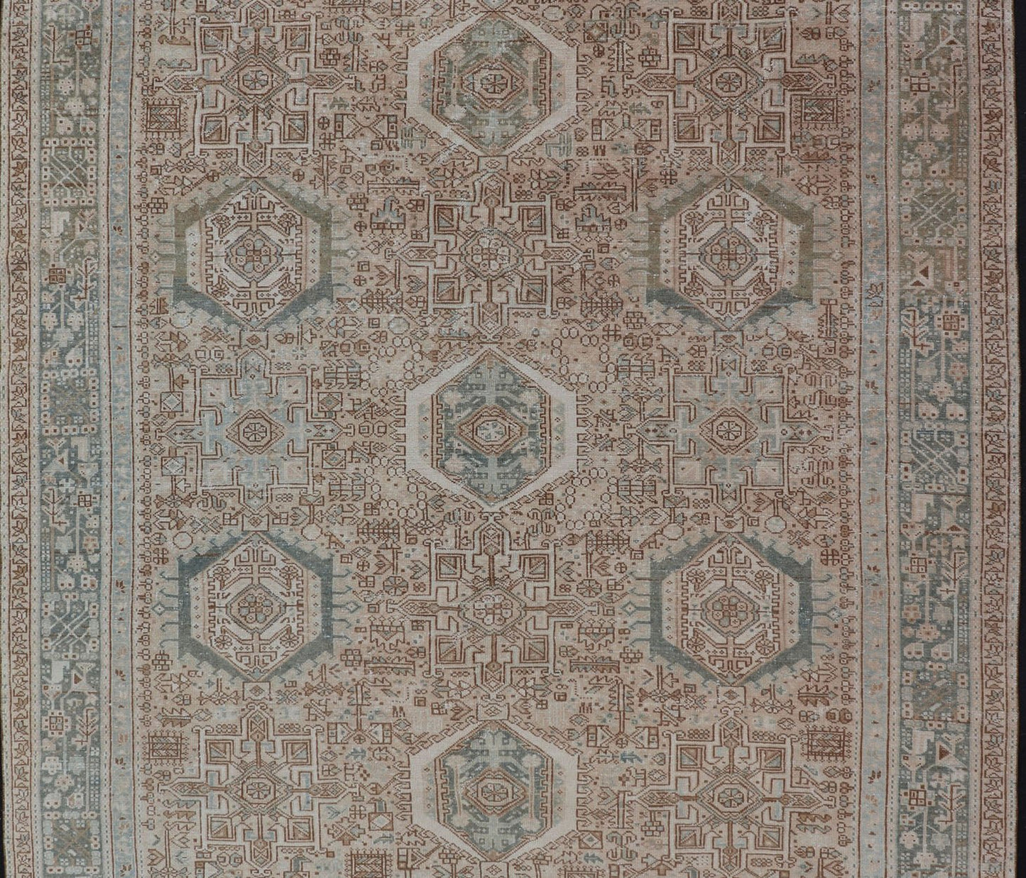Midcentury Hand Knotted Persian Heriz carpet with layered Medallion and Motifs, rug EMB - 9590 - P13582, country of origin / type: Iran / Heriz, circa mid - 20th century Measures: 9'4 x 12'10 Vintage Persian Heriz Rug with All - Over Med... - Keivan Woven ArtsEMB - 9590 - P13582 - 15202Rug