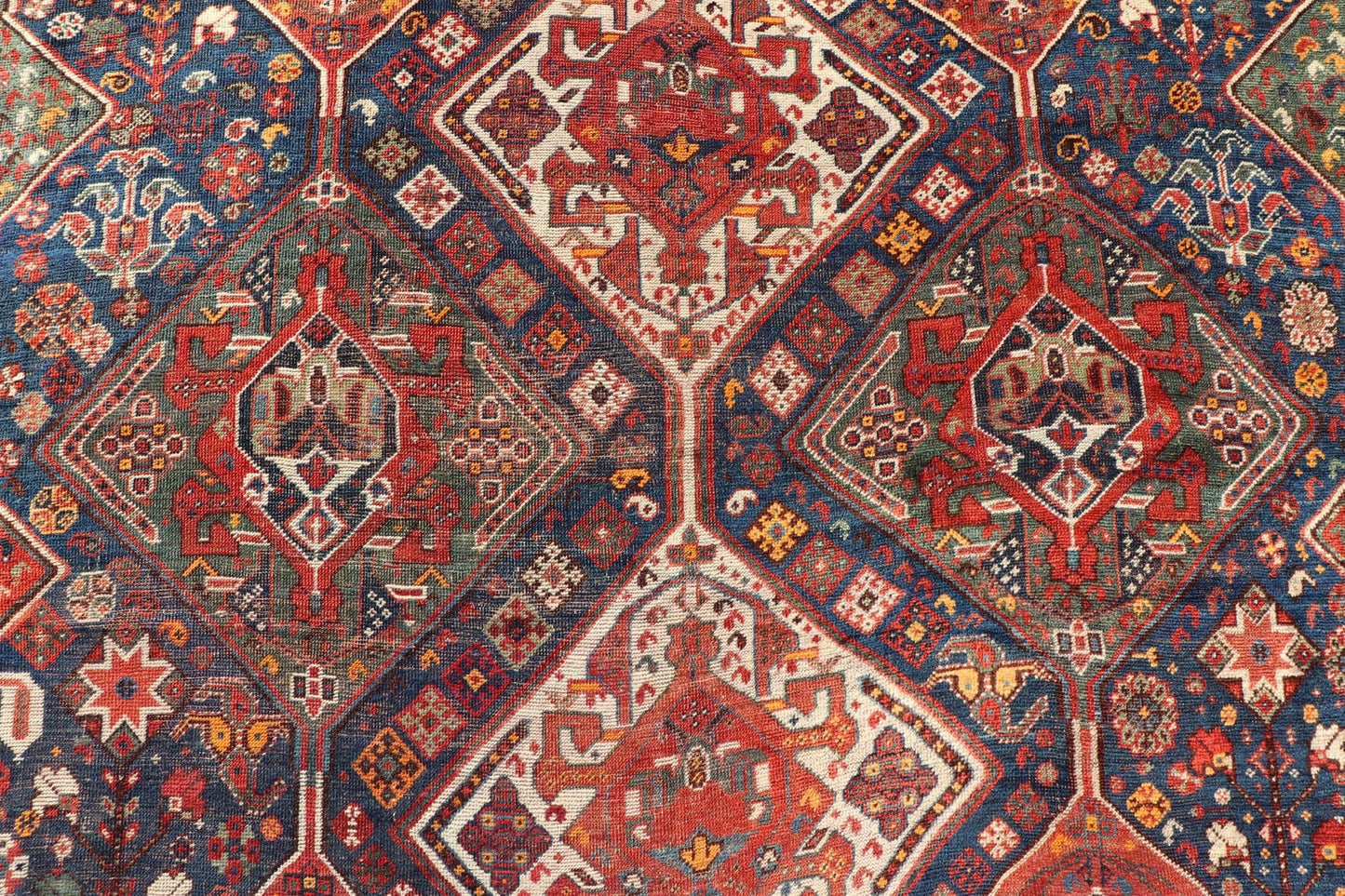 Antique Persian Shiraz Rug With Diamond Medallions in Navy Blue, Red, Green & Ivory Antique Persian Shiraz Rug with Diamond Medallions in Navy Blue, Red, Green & Ivory. Keivan Woven Arts / rug EMB - 9592 - 13509 country of origin / type: Iran / ... - Keivan Woven ArtsEMB - 9592 - 13509 - 15601Rug