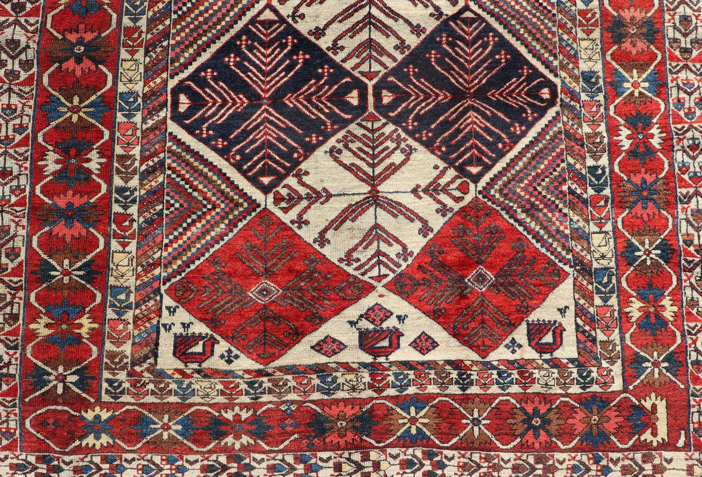 Antique Hand - Knotted Persian Bakhtiari Gallery Rug in Wool with Diamond Design This antique Persian Bakhtiari rug has been hand - knotted in wool and features an all - over sub - geometric diamond design rendered in multicolor, set upon an ivory bac... - Keivan Woven ArtsEMB - 9595 - P13521 - 15619Rug