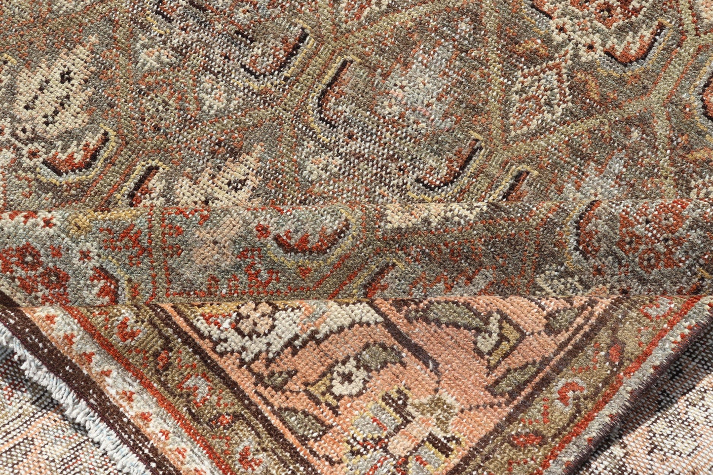 Kurdish Antique Gallery Runner with All - Over Tribal Design in Brown's and Pink. Keivan Woven Arts / rug EMB - 9609 - P13863, country of origin / type: Iran / Kurdish, circa 1920. This Kurdish antique gallery runner has held timeless charm with a double - ... - Keivan Woven ArtsEMB - 9609 - P13863 - 15923Rug