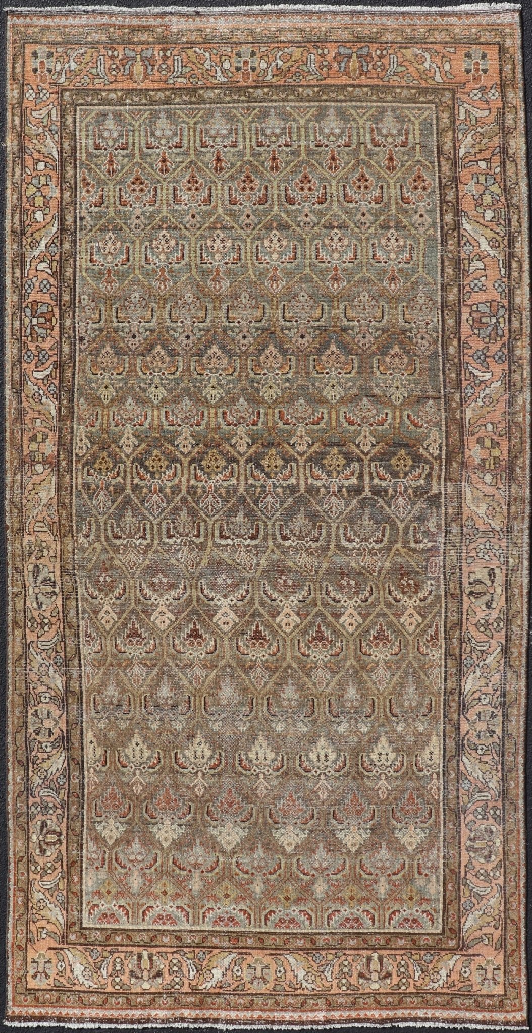 Kurdish Antique Gallery Runner with All - Over Tribal Design in Brown's and Pink. Keivan Woven Arts / rug EMB - 9609 - P13863, country of origin / type: Iran / Kurdish, circa 1920. This Kurdish antique gallery runner has held timeless charm with a double - ... - Keivan Woven ArtsEMB - 9609 - P13863 - 15923