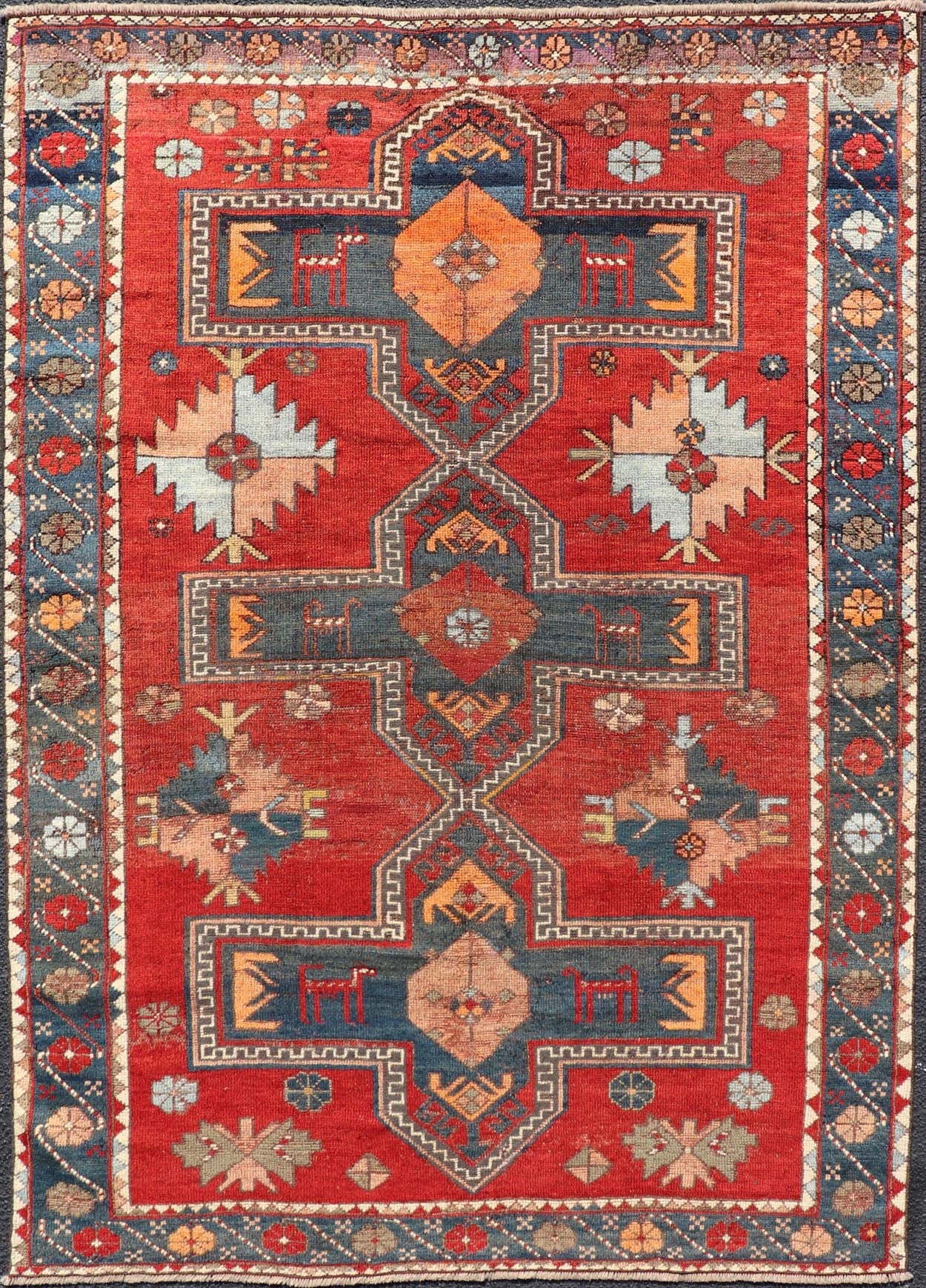 Measures: 5'1 x 7'3 Antique Caucasian Kazak Rug with Sub - Geometric Large Tribal Medallions Design. Keivan Woven Arts / rug EMB - 9624 - 13568, country of origin / type: Caucasus / Kazak, circa Late - 19th Century. Antique Caucasian Kazak Rug with Sub - Geo... - Keivan Woven ArtsEMB - 9624 - 13568 - 15983Rug