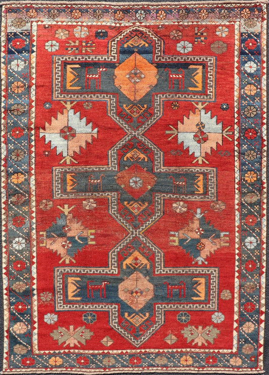Measures: 5'1 x 7'3 Antique Caucasian Kazak Rug with Sub - Geometric Large Tribal Medallions Design. Keivan Woven Arts / rug EMB - 9624 - 13568, country of origin / type: Caucasus / Kazak, circa Late - 19th Century. Antique Caucasian Kazak Rug with Sub - Geo... - Keivan Woven ArtsEMB - 9624 - 13568 - 15983Rug