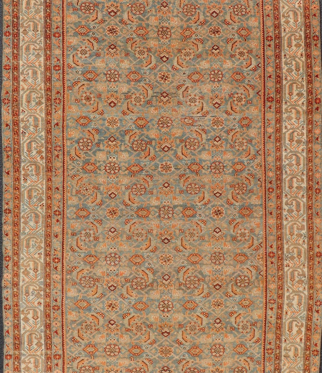 Antique Kurdish Gallery Rug With All - Over Geometric Design Measures: 5'8 x 14'0 This antique Persian Kurdish gallery rug is filled with eccentric colors and details. The multi - tiered border features nature motifs rendered in the same col... - Keivan Woven ArtsEMB - 9626 - P13879 - 15995Rug