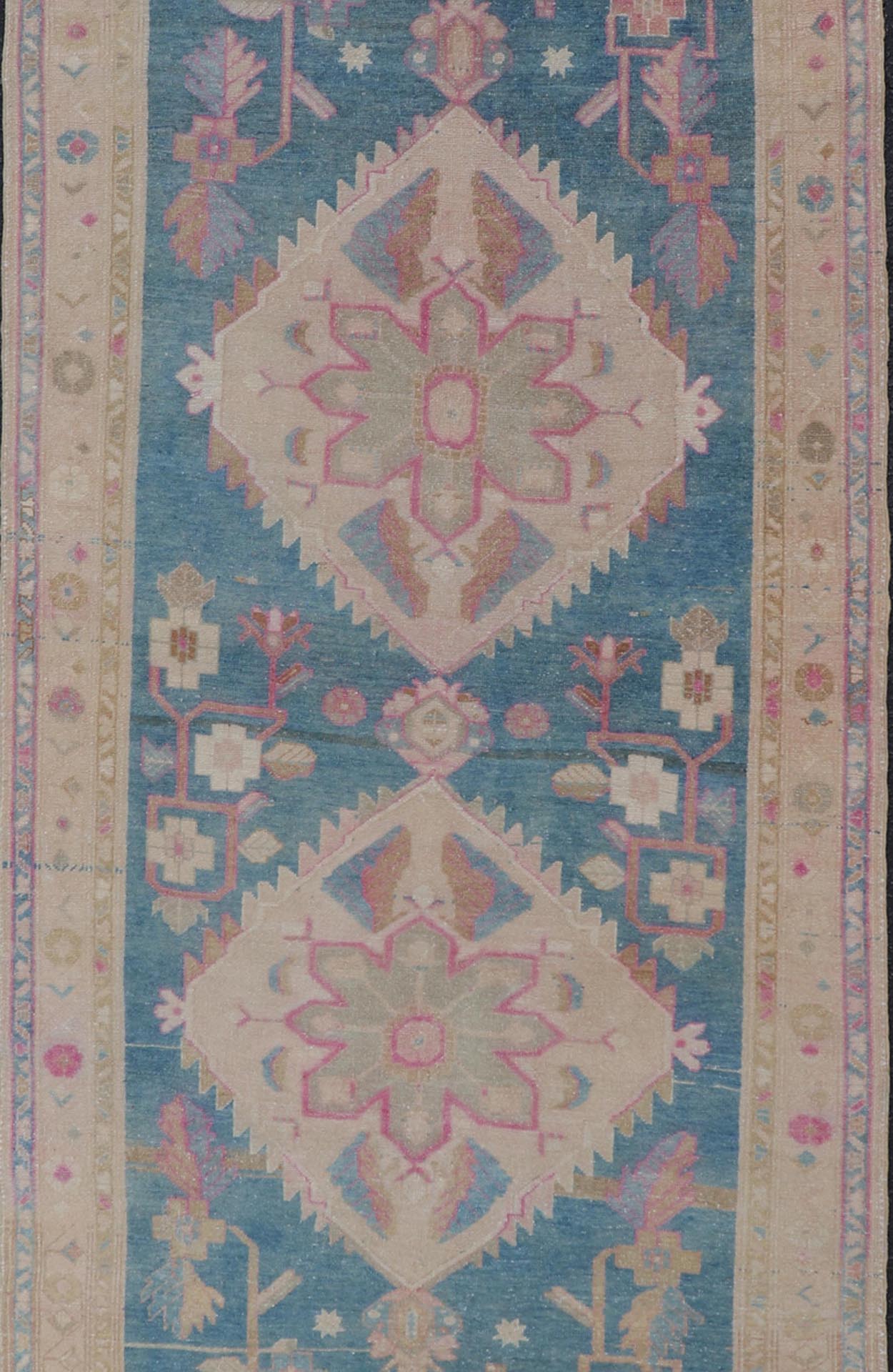 Antique Persian Gallery Mahal Rug in Wool with Floral Medallion Design This antique Persian gallery Mahal rug has been hand - knotted in wool and features an all - over sub - geometric floral design rendered in blue, green, pink and neutral tones. A ... - Keivan Woven ArtsEMB - 9627 - P13892 - 16001Rug