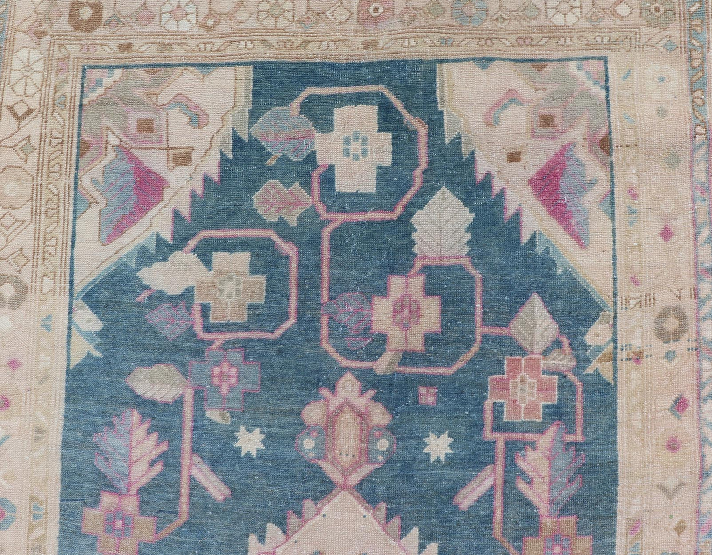 Antique Persian Gallery Mahal Rug in Wool with Floral Medallion Design This antique Persian gallery Mahal rug has been hand - knotted in wool and features an all - over sub - geometric floral design rendered in blue, green, pink and neutral tones. A ... - Keivan Woven ArtsEMB - 9627 - P13892 - 16001Rug