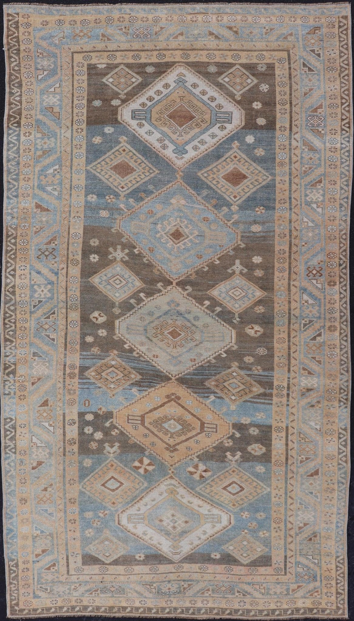 Antique Persian Kurdish Rug with All - Over Geometrics by Keivan Woven Arts. Measures: 5'4 x 10'5 Softly colored antique Persian Gallery Kurdish rug with all - over geometric and diamond design. Keivan Woven Arts / rug EMB - 9634 - P1386... - Keivan Woven ArtsEMB - 9634 - P13861 - 14892Rug