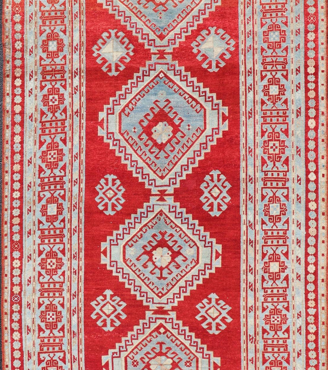 Antique Caucasian Kazak Gallery Rug in Brilliant Red with Geometric Design Tribal geometric medallion design Kazak antique rug, antique Caucasian from Caucasus Region with a beautiful red background in multi - colors, Keivan Woven Arts / rug E... - Keivan Woven ArtsEMB - 9637 - P13567 - 16037Rug