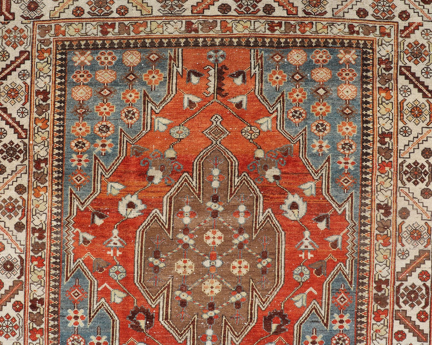 Antique Hamadan Gallery Rug with Geometric Medallions in Red, Blue and Brown This unique Persian Hamadan Gallery rug features an exquisite design composed of a vertical arrangement of red and brown geometric medallions surrounded by a variety of... - Keivan Woven ArtsEMB - 9639 - P13857 - 16043Rug