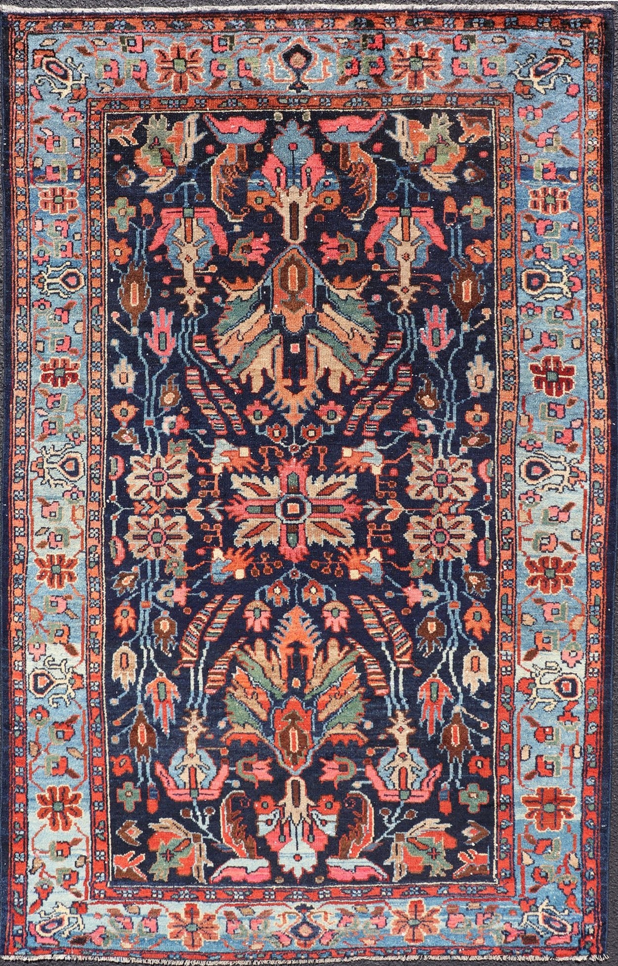 Antique Hand Knotted Persain Nahavand Rug with All - Over Sub - Geometric Design This absolutely stunning Antique Nahavand (circa 1920s) features a symmetrical sub - geometric design rendered in shades of Reds, Blues, Greens, Cream and Coral set upon... - Keivan Woven ArtsEMB - 9640 - P13866 - 16049Rug