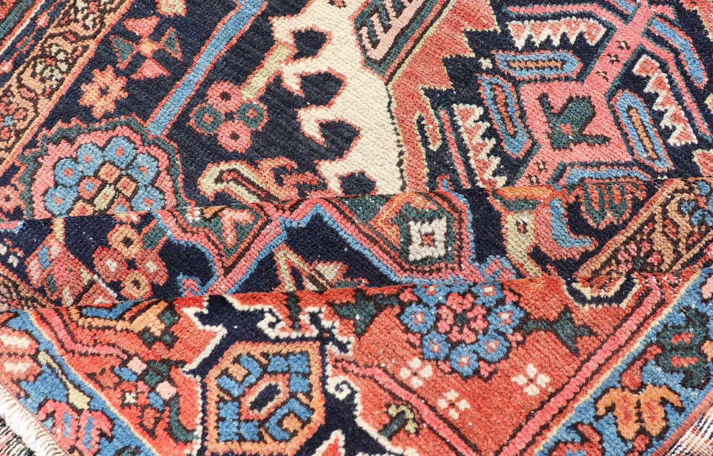 Antique Persian Heriz with Medallion Design in Ivory, Dark Blue & Jewel Tones This lovely Antique Heriz rug, hailing from northwestern Iran (circa 1920s), features a central medallion design surrounded by exquisitely defined geometric motifs. Th... - Keivan Woven ArtsEMB - 9641 - P13855 - 16055Rug