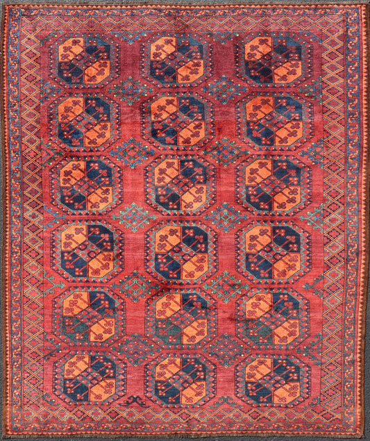 Square Sized Hand - Knotted Turkomen Ersari Rug in Wool with Repeating Gul Design This Turkomen Ersari rug has been hand - knotted in the finest wool. The rug features a repeating sub - geometric Gul design throughout the entirety of the rug, enclose... - Keivan Woven ArtsEMB - 9645 - P13551 - 16079Rug
