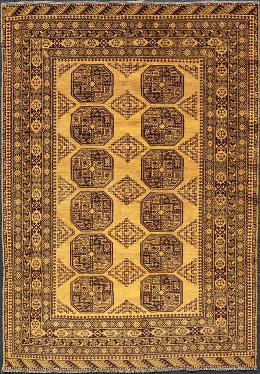 Hand - Knotted Ersari Rug in Wool with Gul Design in Green, Marigold and Brown This Turkomen Ersari rug has been hand - knotted in the finest wool. The rug features an all - over repeating Gul design throughout the entirety of the rug, enclosed within... - Keivan Woven ArtsEMB - 9654 - P13593 - 16127Rug