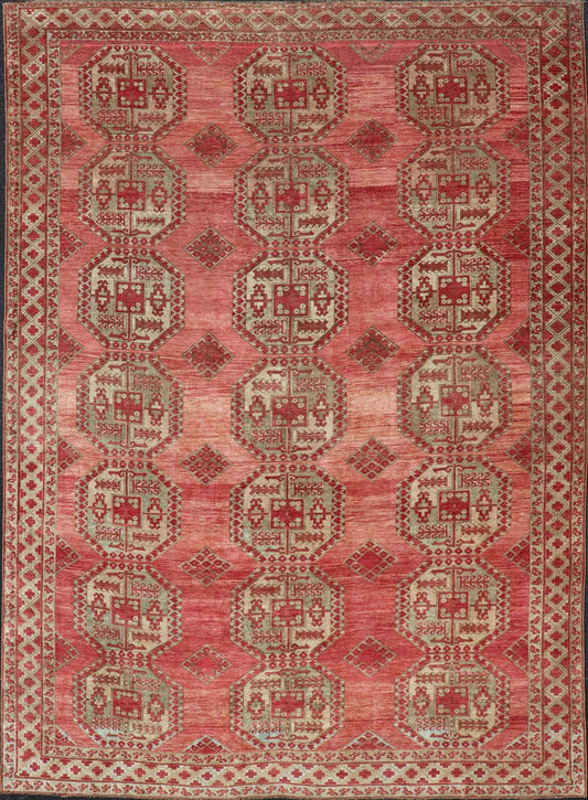 Antique Turkomen Ersari Rug with Repeating Gul Design. Antique Turkomen Ersari Rug with Repeating Gul Design in soft red background, green, light blue, butter yellow. Hand - Knotted Ersari Rug. Keivan Woven Arts; rug EMB - 9656 - P13592, country of origin / ... - Keivan Woven ArtsEMB - 9656 - P13592 - 16139Rug