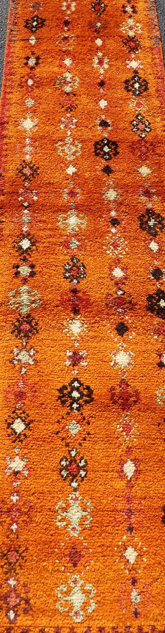 Vintage Moroccan Runner with Sub - Geometric Motifs in Saffron, Gold and Orange This lovely Vintage Moroccan Carpet (circa 1940s), features an all - over sub - geometric design rendered in Saffron, Ivory, Brown and variations of Red, Green, Gold & Ora... - Keivan Woven ArtsEMB - 9667 - P13564 - 16193Rug