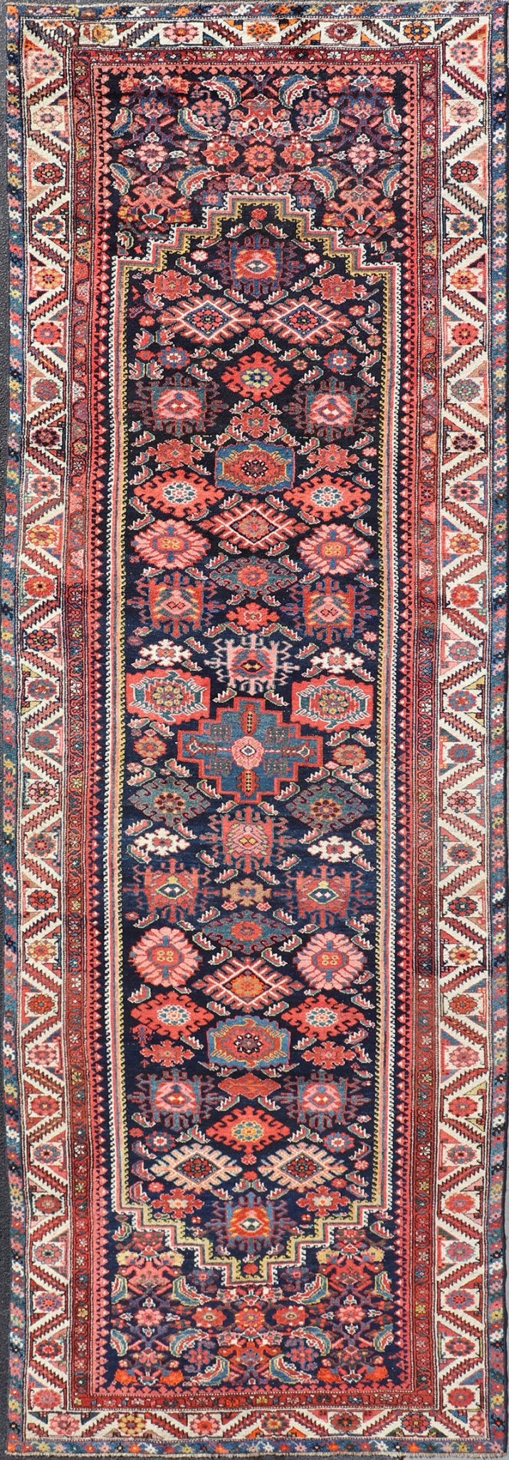 Antique Persian Gallery Hamadan Runner in Blue Background with Multi Colors A unique designed antique Persian Hand Knotted Hamadan gallery runner with all - over geometric motifs, Keivan Woven Arts / rug EMB - 9684 - P13859, country of origin / type: ... - Keivan Woven ArtsEMB - 9684 - P13859 - 16277Rug