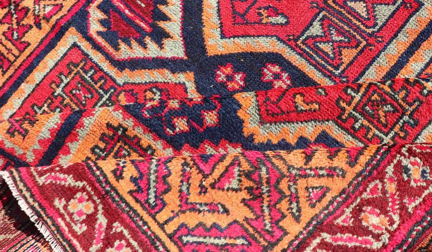 Antique Hand - Knotted Karajeh Gallery Rug in Wool with All - Over Geometric Design This antique Persian Karajeh gallery rug features an all - over sub - geometric design rendered in multicolor tones, set upon a navy blue background. A complementary, m... - Keivan Woven ArtsEMB - 9689 - P13526 - 16301Rug