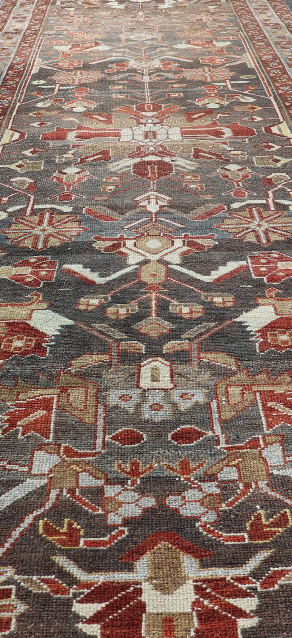 Antique Malayer Runner with Geometric Designs in Gray, Blue, Red, and Tan Geometric medallion design Persian Malayer runner with charcoal, gray, blue, red and tan colors, Keivan Woven Arts / rug EMB - 9715 - P13896, country of origin / type: Iran / ... - Keivan Woven ArtsEMB - 9715 - P13896 - 16522Rug