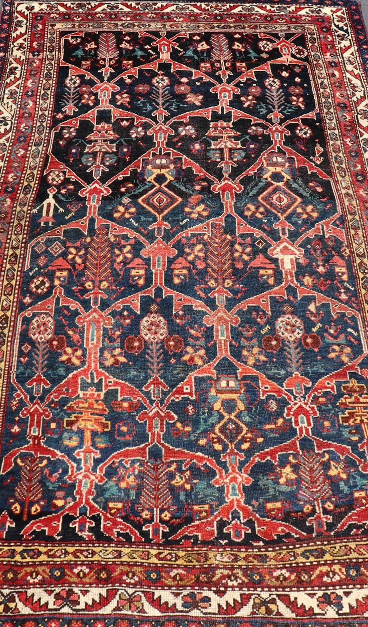 Antique Persian Bakhitari Colorful Rug with All - Over Floral Medallion Design. Keivan Woven Arts: rug EMB - 9695 - 13820; Antique Persian Rug, Antique Persian Antique Persian Floral Rug, Antique Bakhtiari. Measures: 4'8 x 8'4 This woven art features... - Keivan Woven ArtsEMBC - 9695 - 13820 - 16528Rug