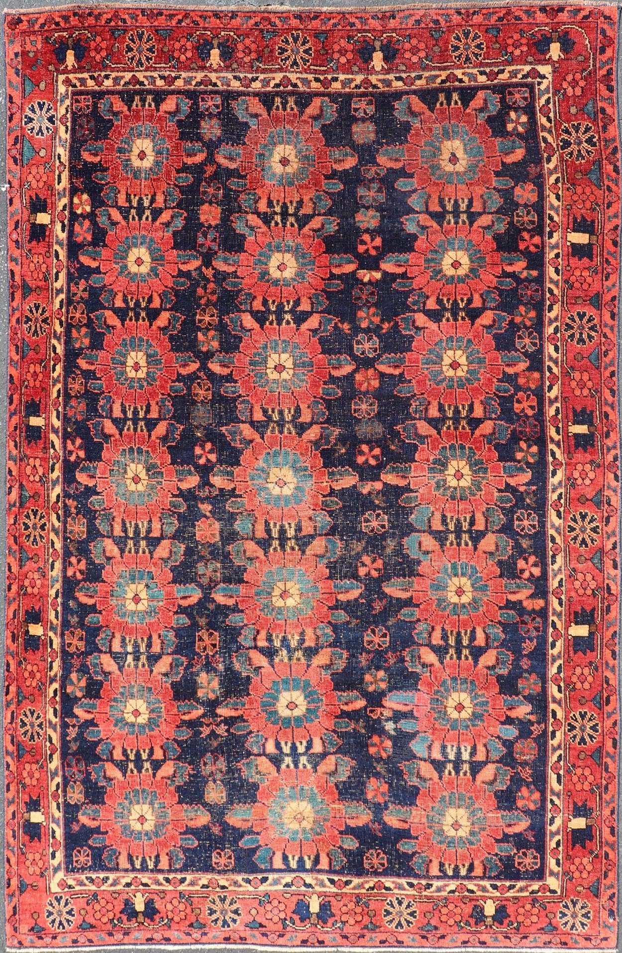 Antique Persian Bidjar Rug with All - Over Floral Motifs in Red and Blue.Keivan Woven Arts / EMBC - 9699 - 13819, country of origin / type: Iran / Bidjar, circa 1900 Measures: 5'0 x 7'9 This antique Persian Bidjar carpet features multi colors and a la... - Keivan Woven ArtsEMBC - 9699 - 13819 - 16546Rug