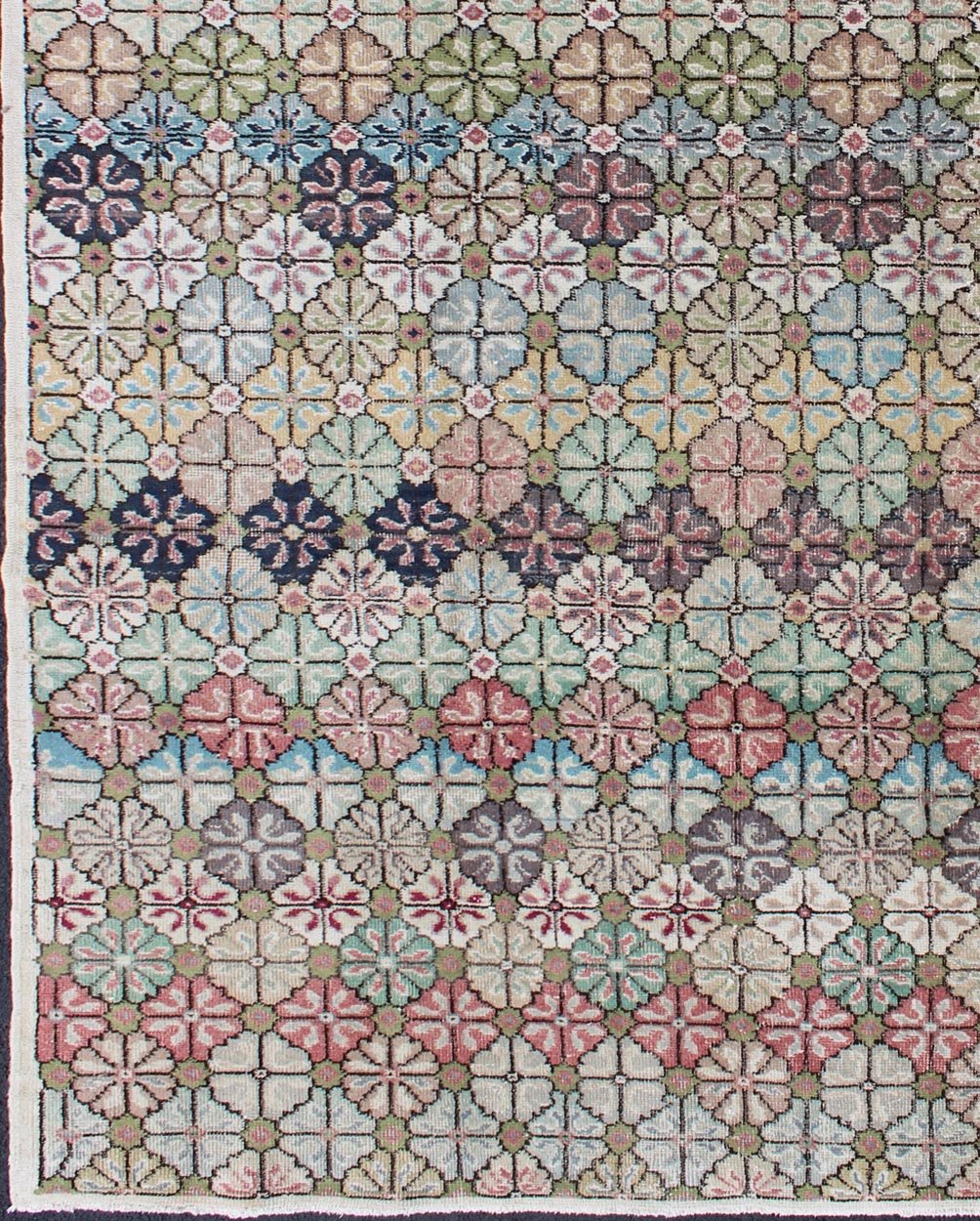 Keivan Woven Arts Mid - Century Modern, Vintage Rug in Multi Colors in Modern Design EN - 1038 Mid - Century Modern Turkish Rug, Vintage Modern Carpet in Multi Colors Mid - Century Modern Turkish Carpet Rendered in diamond shapes with a spotted and ... - Keivan Woven ArtsEN - 1038 - 4880Rug