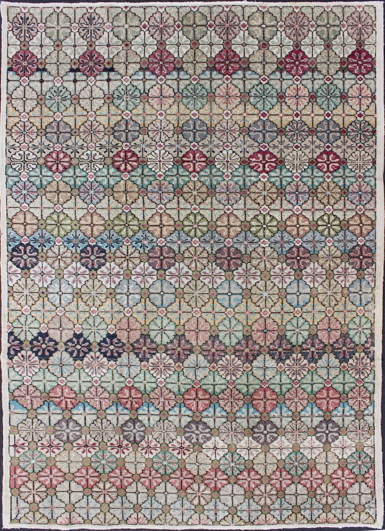 Keivan Woven Arts Mid - Century Modern, Vintage Rug in Multi Colors in Modern Design EN - 1038 Mid - Century Modern Turkish Rug, Vintage Modern Carpet in Multi Colors Mid - Century Modern Turkish Carpet Rendered in diamond shapes with a spotted and ... - Keivan Woven ArtsEN - 1038 - 4880Rug