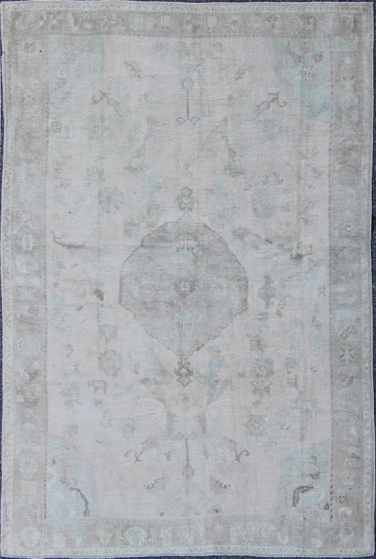 Muted Layered Medallion Vintage Turkish Oushak Rug in Taupe, Lt Blue, and Brown Muted medallion sub - geometric vintage Turkish Oushak tug in taupe, light blue, brown, Keivan Woven Arts / rug EN - 1057, country of origin / type: Turkey / Oushak, ci... - Keivan Woven ArtsEN - 1057 - 6616Rug