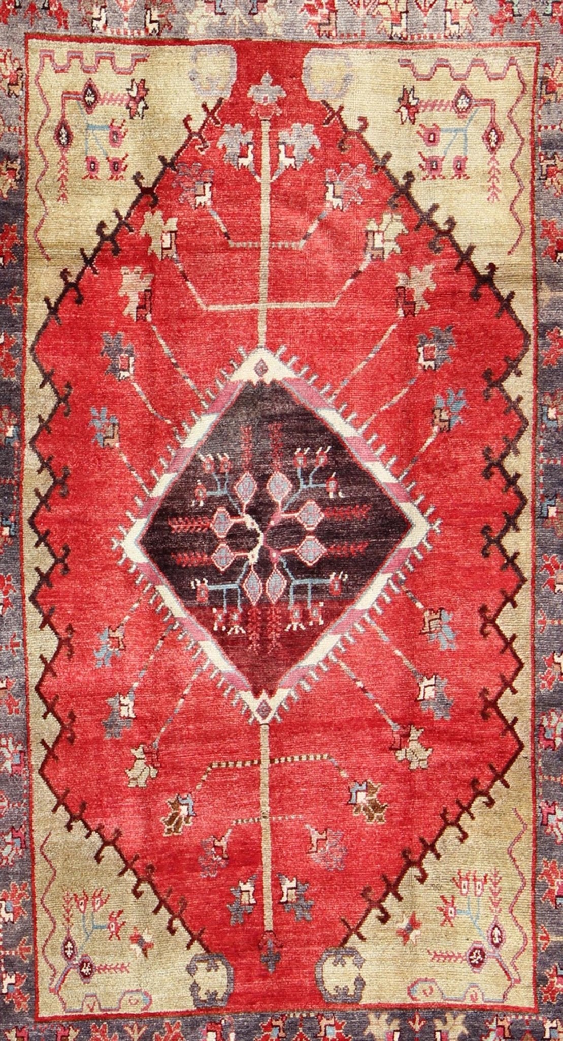 Antique Turkish Oushak Carpet with Saw - Toothed Diamond Medallion in Deep Colors Antique Turkish Oushak Carpet rug/en - 3451 origin/turkey kwarugs The unique, elongated size of this Turkish carpet is enhanced by its use of exquisite design and d... - Keivan Woven ArtsEN - 1065 - 4472Rug