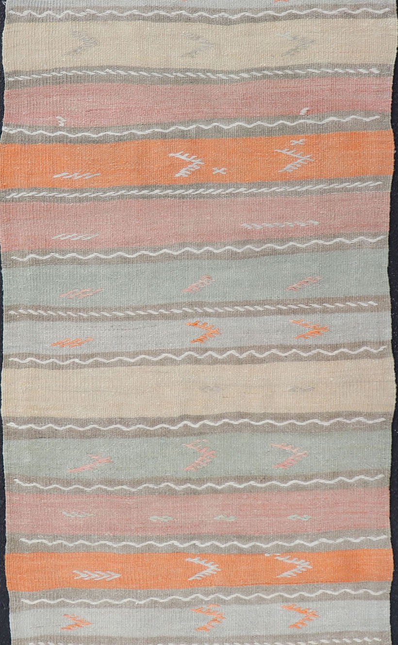 Geometric Stripe Vintage Turkish Kilim Flat - Weave Runner in Multi Color. Keivan Woven Arts / rug EN - 11124, country of origin / type: Turkey / Kilim, circa 1950 Measures: 3'0 x 11'10 Featuring a striking stripe design, this unique mid - century Kil... - Keivan Woven ArtsEN - 11124 - 15328Rug
