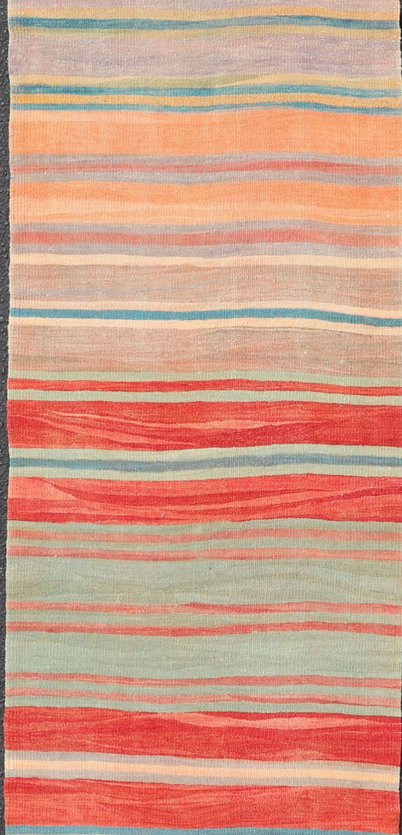Vintage Turkish Kilim Runner with Stripes in Red, Green, Yellow, and Multi Color. Keivan Woven Arts / rug EN - 1119, country of origin / type: Turkey / Kilim, circa mid - 20th century Measures: 2'6 x 13'2 Woven during the mid - 20th century in Turkey,... - Keivan Woven ArtsEN - 1119 - 15306Rug