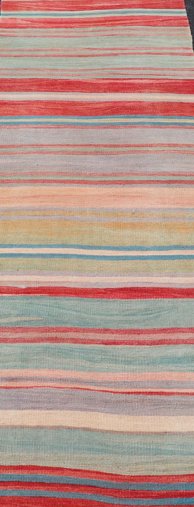 Vintage Turkish Kilim Runner with Stripes in Red, Green, Yellow, and Multi Color. Keivan Woven Arts / rug EN - 1119, country of origin / type: Turkey / Kilim, circa mid - 20th century Measures: 2'6 x 13'2 Woven during the mid - 20th century in Turkey,... - Keivan Woven ArtsEN - 1119 - 15306Rug