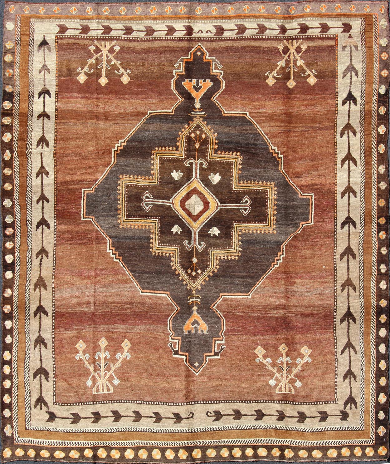Large Square Vintage Turkish Kars With Geometric Tribal Medallion Design. Keivan Woven Arts / rug EN - 112304, country of origin / type: Turkey / Tribal, circa mid - 20th century. Square size rug. Measures: 10'5 x 11'7. This stunning bold Turkish r... - Keivan Woven ArtsEN - 112304 - 3148Rug