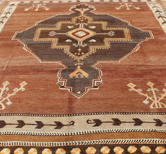 Large Square Vintage Turkish Kars With Geometric Tribal Medallion Design. Keivan Woven Arts / rug EN - 112304, country of origin / type: Turkey / Tribal, circa mid - 20th century. Square size rug. Measures: 10'5 x 11'7. This stunning bold Turkish r... - Keivan Woven ArtsEN - 112304 - 3148