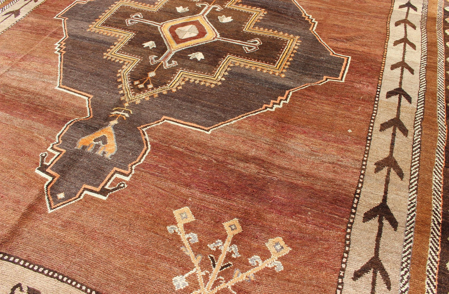 Large Square Vintage Turkish Kars With Geometric Tribal Medallion Design. Keivan Woven Arts / rug EN - 112304, country of origin / type: Turkey / Tribal, circa mid - 20th century. Square size rug. Measures: 10'5 x 11'7. This stunning bold Turkish r... - Keivan Woven ArtsEN - 112304 - 3148Rug
