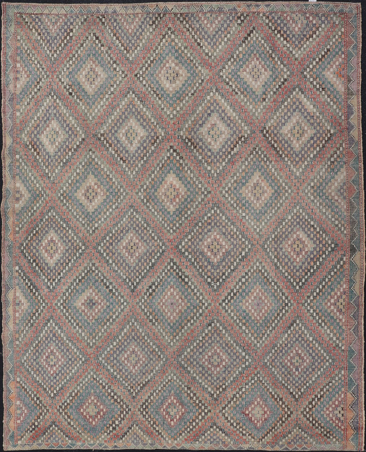 Turkish Vintage Embroidered Kilim Rug with Multi Layered Diamond Design. Keivan Woven Arts / rug / EN - 112326, Turkey, Hand Woven circa/ mid - 20th century. Measures: 7'6 x 10'0 - Keivan Woven ArtsEN - 112326 - 15348Rug