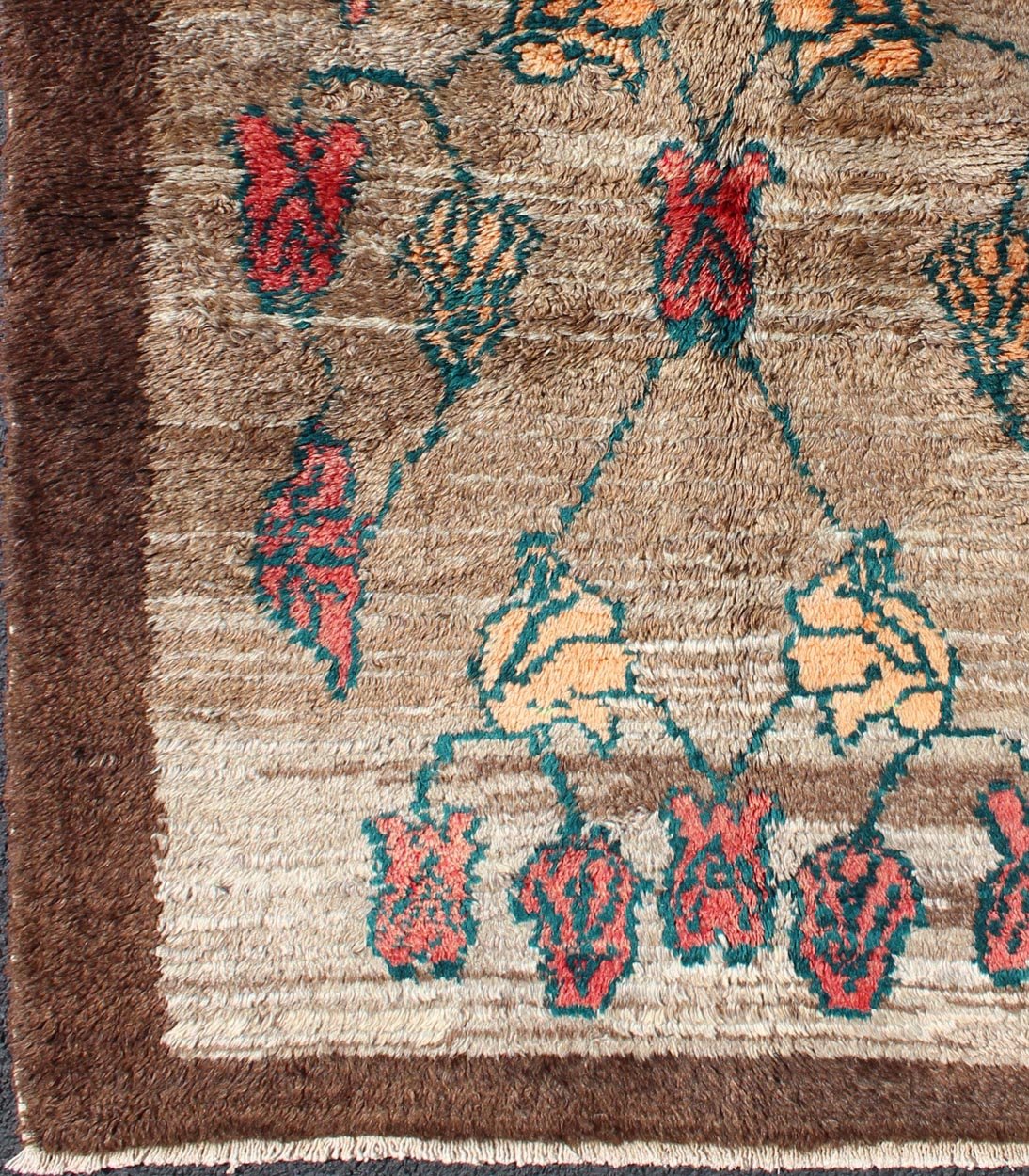 Vintage Tulu rug with Camel Color Field and Flowers Surrounded by Brown Border Measures: 3'8 x 4'7 Made with very fine angora blend wool, this Turkish Tulu has Camel Color Field Surrounded by a Chocolate Border. Keivan Woven Arts rug/EN - 1... - Keivan Woven ArtsEN - 112452 - 4484Rug