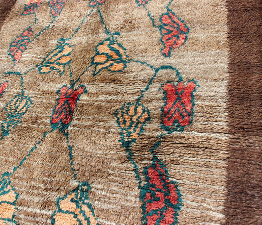 Vintage Tulu rug with Camel Color Field and Flowers Surrounded by Brown Border Measures: 3'8 x 4'7 Made with very fine angora blend wool, this Turkish Tulu has Camel Color Field Surrounded by a Chocolate Border. Keivan Woven Arts rug/EN - 1... - Keivan Woven ArtsEN - 112452 - 4484