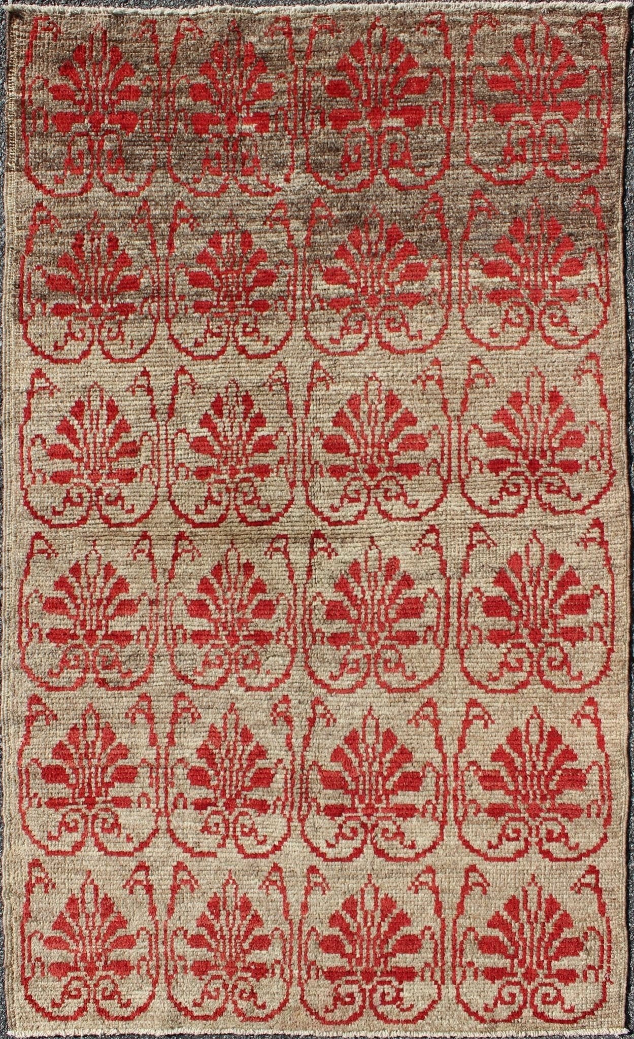 Vintage Turkish Tulu Carpet with Repeating Red Boteh & Light Green Field Measures: 3'3 x 5'5 Turkish Vintage Tulu Carpet with Repeating Red Boteh and leaves on light taupe/light green background Keivan Woven Arts/ rug EN - 115877, origin/tu... - Keivan Woven ArtsEN - 115877 - 2063Rug